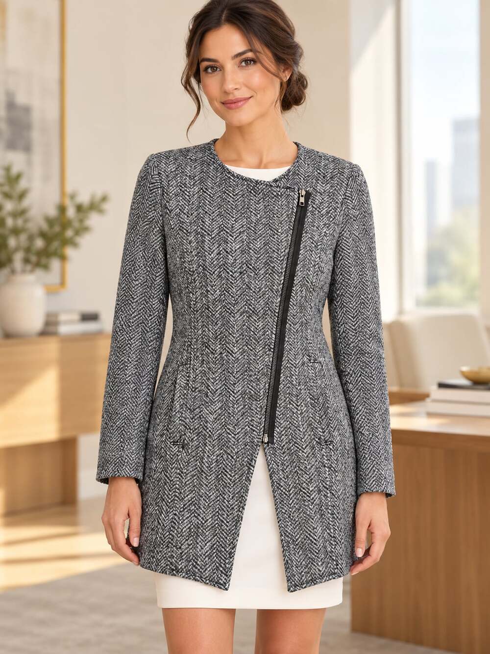 Banana Republic Herringbone Coat XS Gray Asymmetrical Zip Longline Jacket